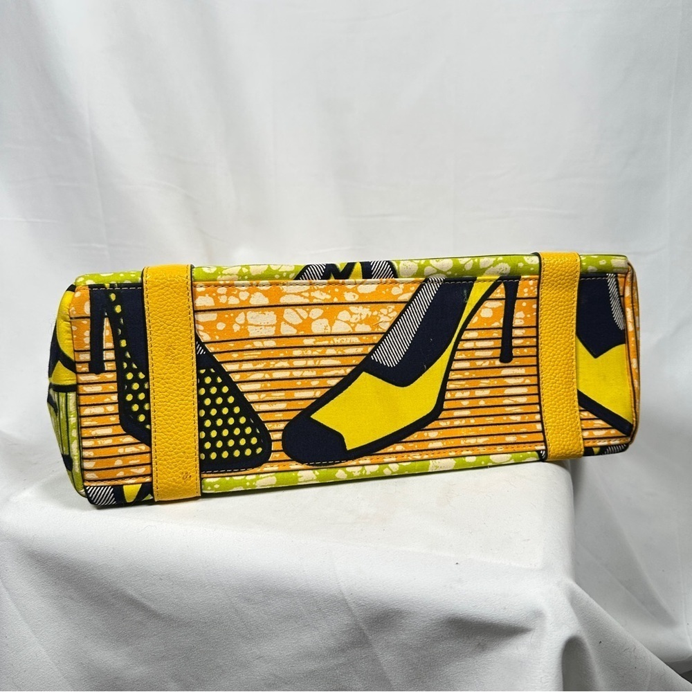 Halo & Way Ankara Wax Print Leather Tote Yellow Green Heels Bag Boho Retro Y2K - Picture 11 of 12